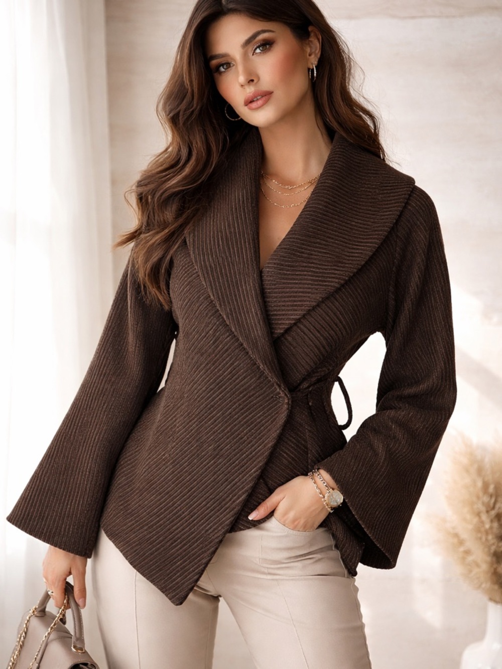 Searle Women’s Black/Brown Striped Wool Bell Sleeve Coat size 2